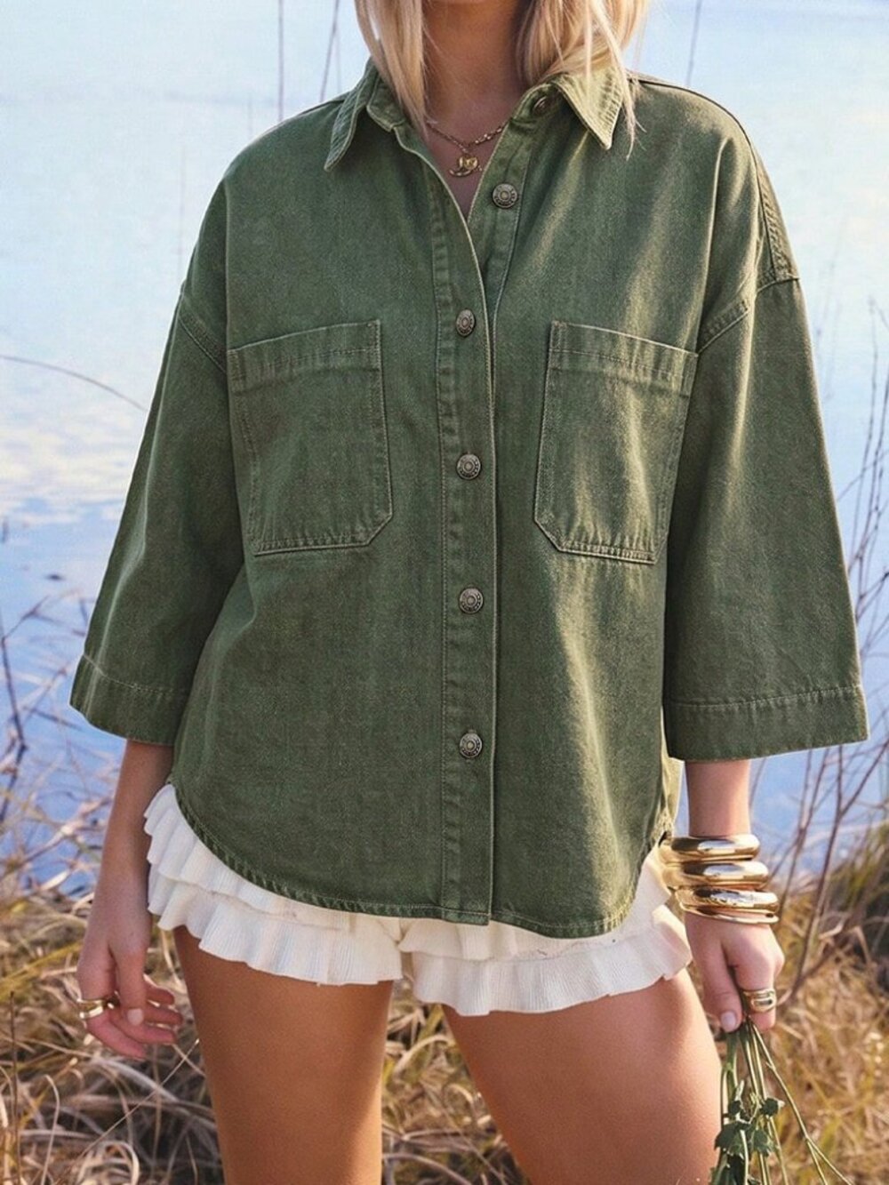Green Casual Women's Washed Denim Top